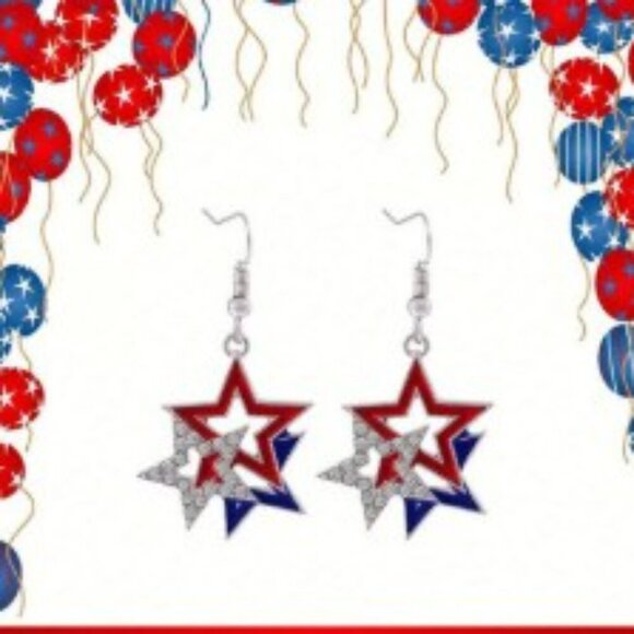 Shimmering Rhinestones Star Earrings - Red, White & Blue Pendant Design - Picture 3 of 5
